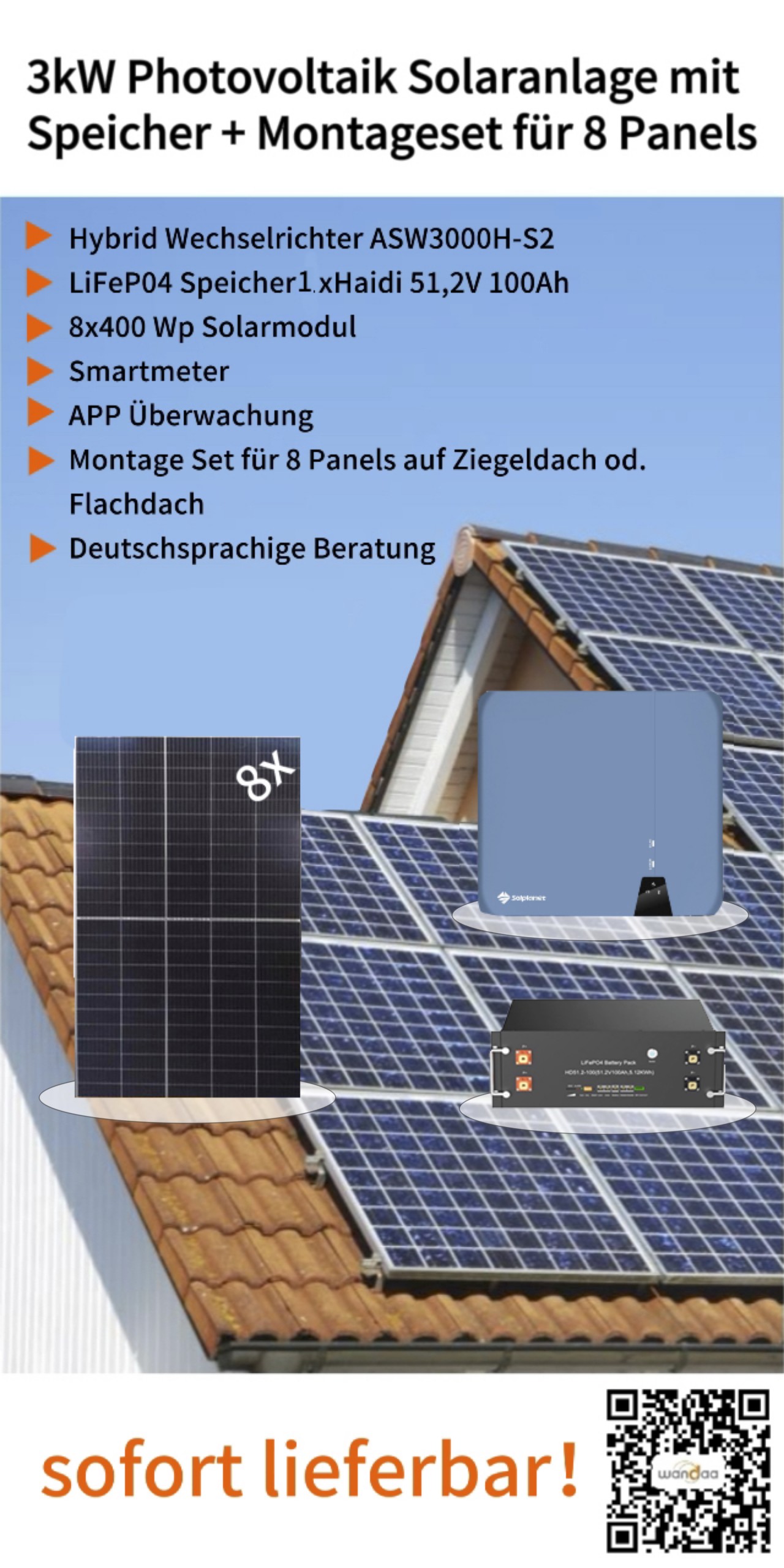 3kW Photovoltaik Solaranlage 8x400Wp 5kWh LiFePO4 Speicher und 3kW